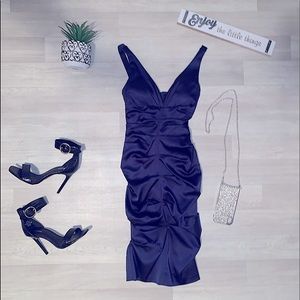 XSCSPE BY JOSNNA CHEN DEEP BLUE SLEEVELESS RUCHED SATIN NINI DRESS- SIZE 2- EUC